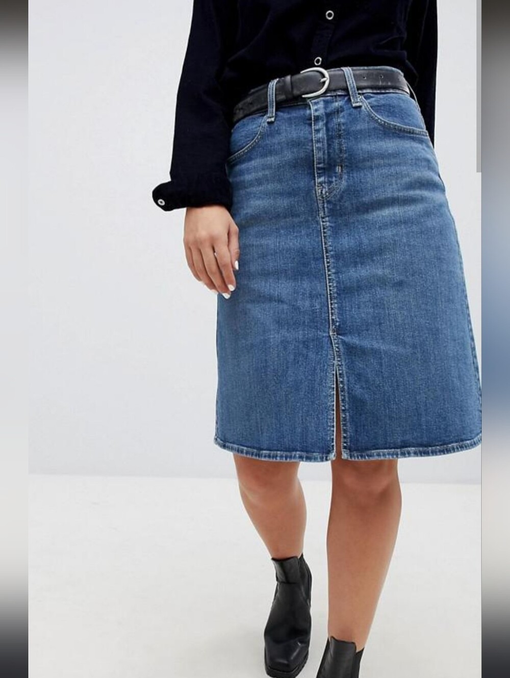Levi's Classic Dark Blue Denim Skirt Midi Women's A-Line Front Slit